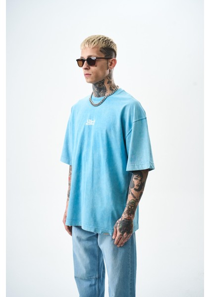 Erkek Alert Baskılı Yıkamalı Oversize T-Shirt Mavi fiyatları