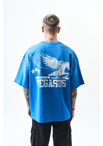 Erkek Pegasus Baskılı Oversize T-Shirt Mavi modelleri