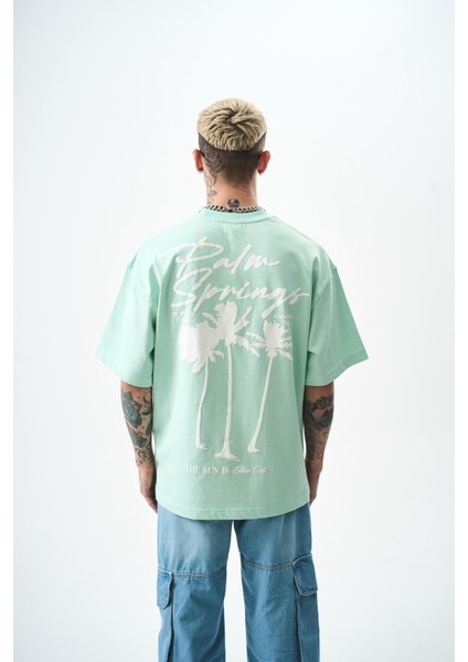 Erkek Palm Baskılı Oversize T-Shirt Su Yeşili modelleri