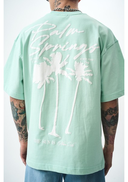 Erkek Palm Baskılı Oversize T-Shirt Su Yeşili indirimleri
