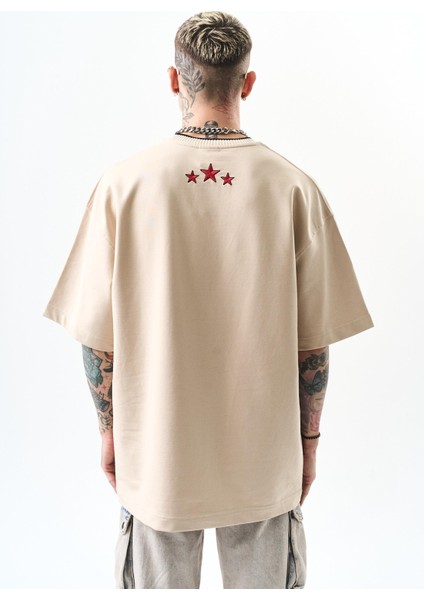 Erkek Unfortunately Baskılı Oversize T-Shirt Bej modelleri