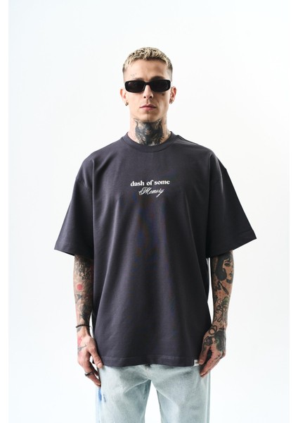 Erkek Memory Baskılı Oversize T-Shirt Füme