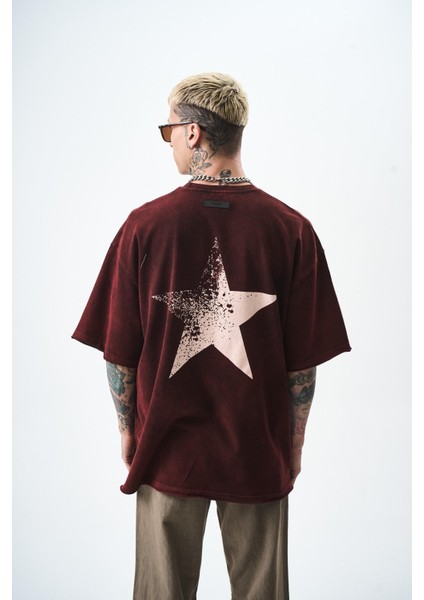 Erkek Star Baskılı Yıkamalı Oversize T-Shirt Bordo modelleri