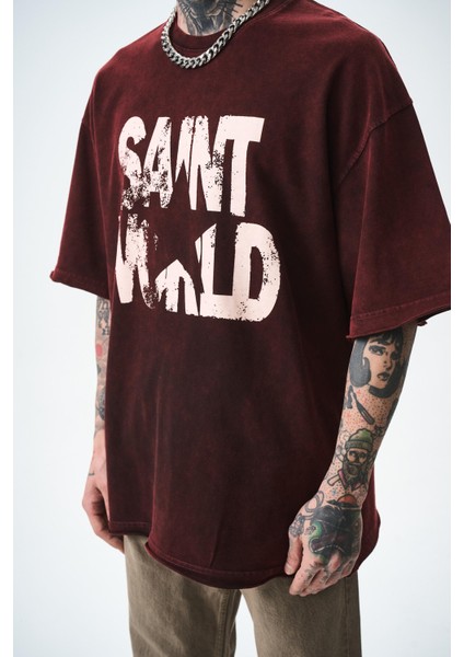 Erkek Star Baskılı Yıkamalı Oversize T-Shirt Bordo fırsatları