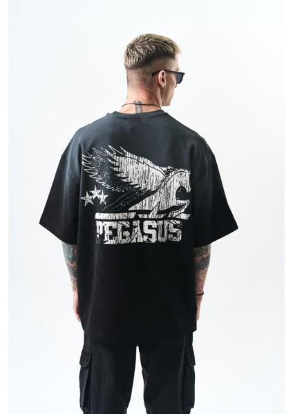 Erkek Pegasus Baskılı Oversize T-Shirt Siyah modelleri