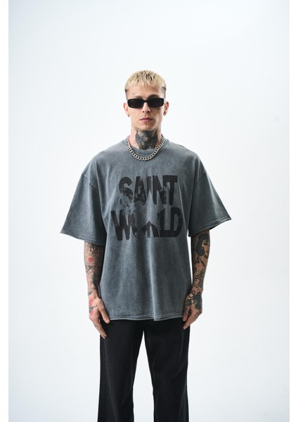 Erkek Star Baskılı Yıkamalı Oversize T-Shirt Gri