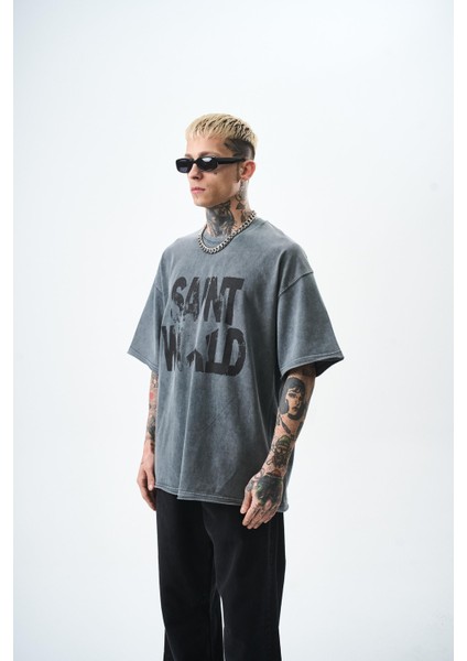 Erkek Star Baskılı Yıkamalı Oversize T-Shirt Gri fiyatları