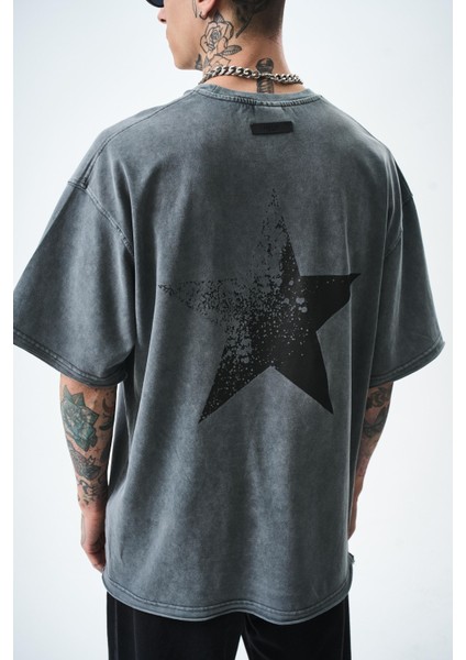 Erkek Star Baskılı Yıkamalı Oversize T-Shirt Gri indirimleri