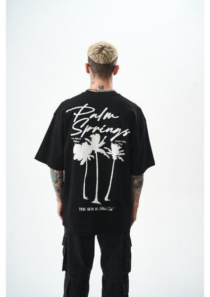 Erkek Palm Baskılı Oversize T-Shirt Siyah modelleri