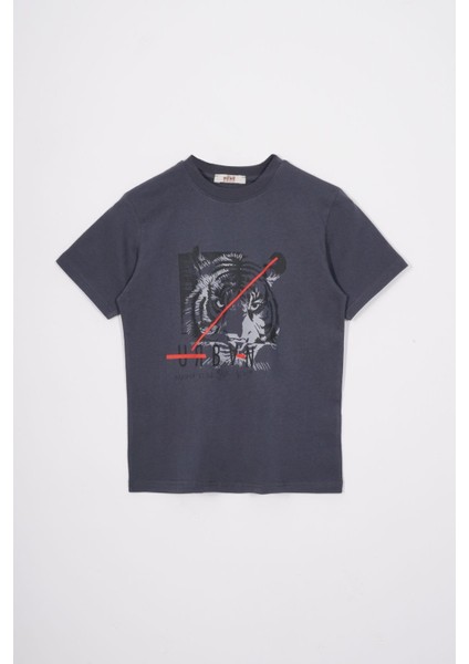 Bisiklet Yaka Kaplan Baskılı Füme Renk Erkek Çocuk Tshirt