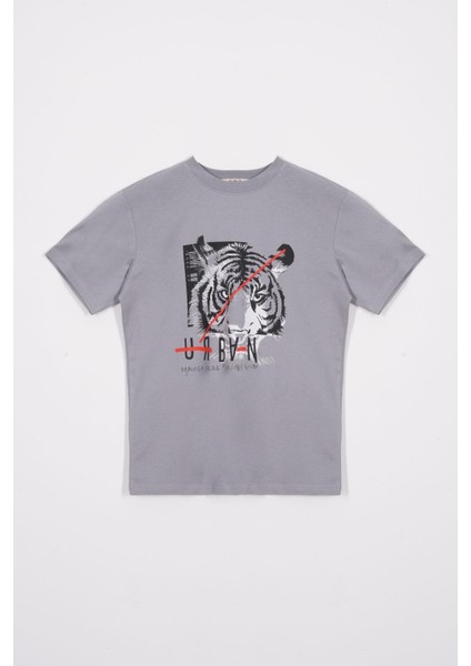Bisiklet Yaka Kaplan Baskılı Gri Renk Erkek Çocuk Tshirt