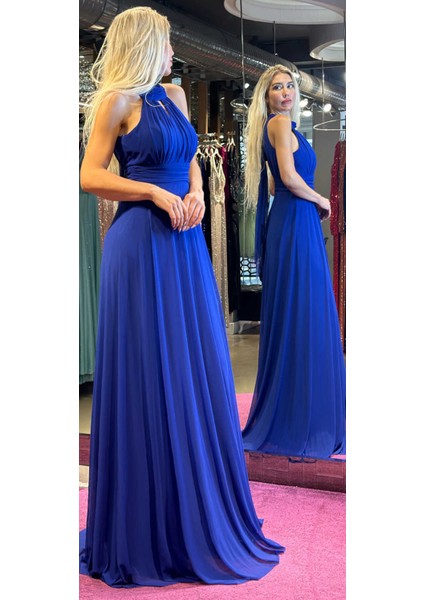 Saks Sırt Dekolteli Kloş Etekli Tül Uzun Abiye Elbise 6034
