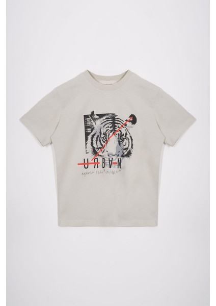 Bisiklet Yaka Kaplan Baskılı Taş Renk Erkek Çocuk Tshirt