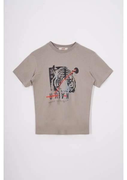 Bisiklet Yaka Kaplan Baskılı Vizon Renk Erkek Çocuk Tshirt