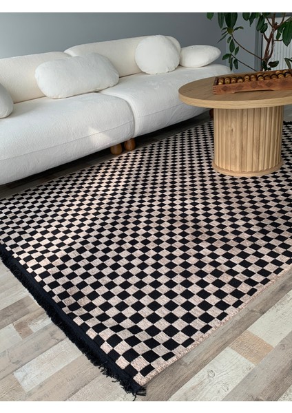Yıkanabilir Dama Desenli Kaymaz Tabanlı Dokuma Kilim