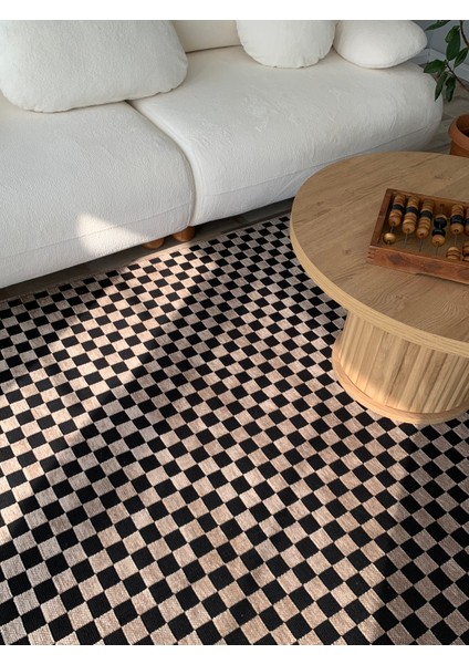 Yıkanabilir Dama Desenli Kaymaz Tabanlı Dokuma Kilim