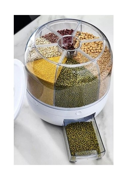 360° Dönebilen Kuru Gıda ve Bakliyat Organizeri 6 Bölmeli Hava Geçirmez Saklama Kabı 6 Lt