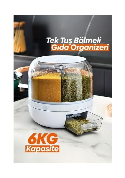 360° Dönebilen Kuru Gıda ve Bakliyat Organizeri 6 Bölmeli Hava Geçirmez Saklama Kabı 6 Lt