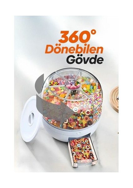 360° Dönebilen Kuru Gıda ve Bakliyat Organizeri 6 Bölmeli Hava Geçirmez Saklama Kabı 6 Lt
