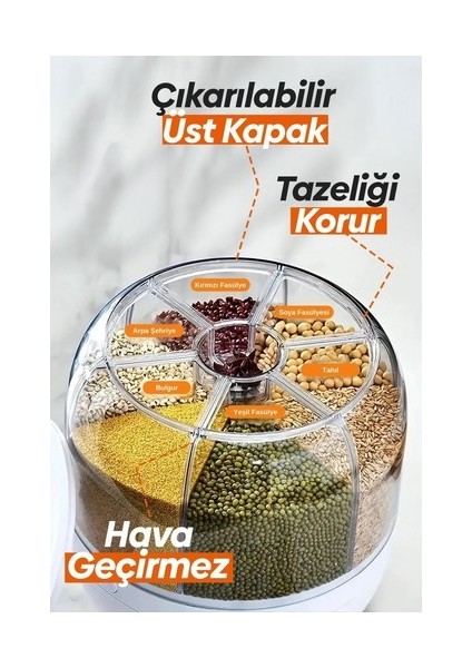 360° Dönebilen Kuru Gıda ve Bakliyat Organizeri 6 Bölmeli Hava Geçirmez Saklama Kabı 6 Lt