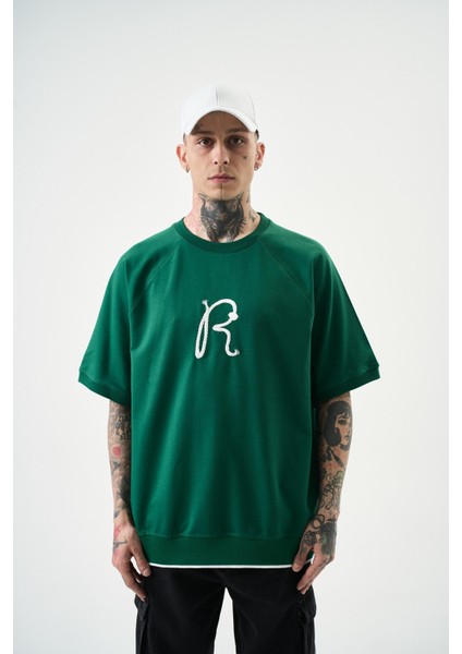 Erkek R Nakışlı Oversize T-Shirt Nefti