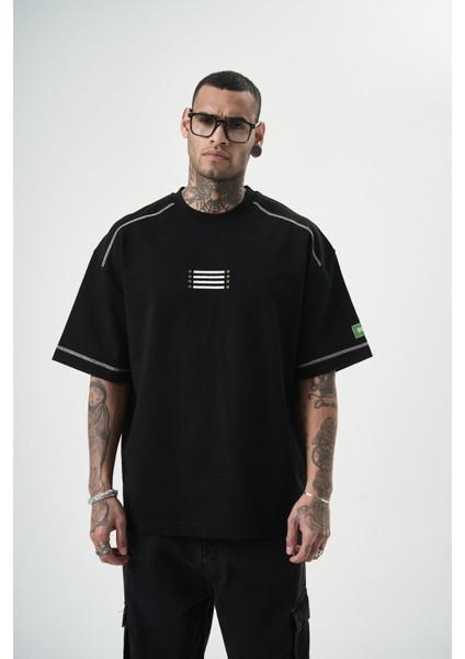 Erkek 22 Yazılı Nakışlı Oversize T-Shirt Siyah