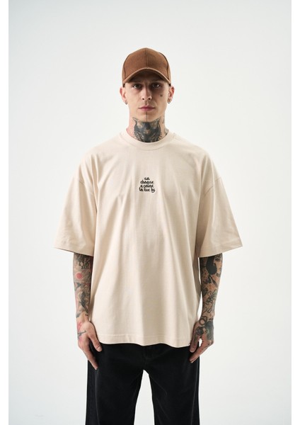 Erkek Choose Nakışlı Oversize T-Shirt Bej