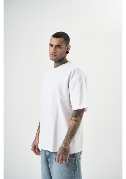 Erkek Da Vinci Baskılı Oversize T-Shirt Beyaz