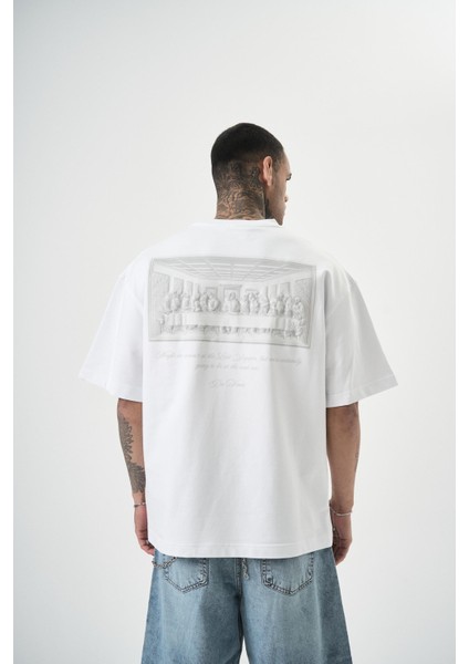 Erkek Da Vinci Baskılı Oversize T-Shirt Beyaz