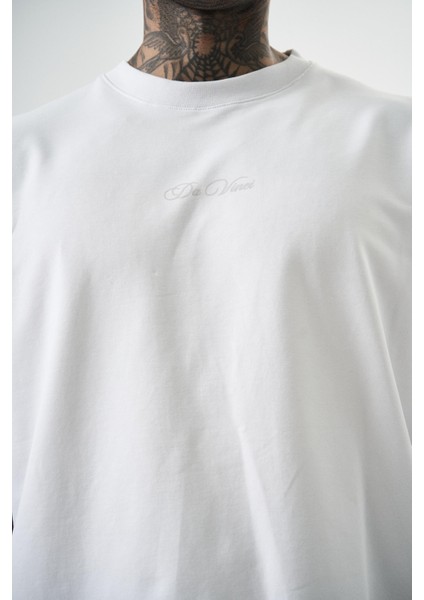 Erkek Da Vinci Baskılı Oversize T-Shirt Beyaz