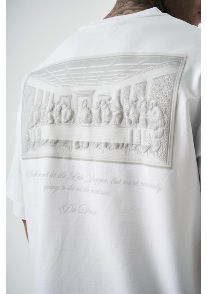 Erkek Da Vinci Baskılı Oversize T-Shirt Beyaz