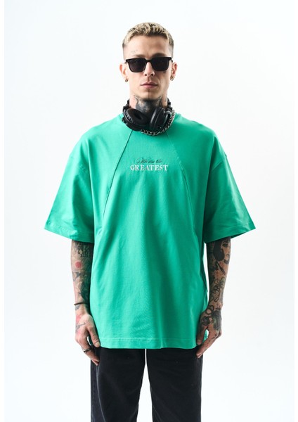 Erkek Greatest Nakışlı Oversize T-Shirt Yeşil
