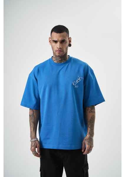 Erkek Let\'s Get Tight Nakışlı Oversize T-Shirt Mavi