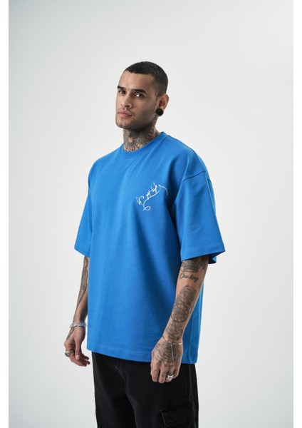 Erkek Let\'s Get Tight Nakışlı Oversize T-Shirt Mavi fiyatları