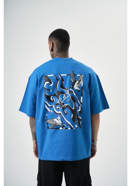 Erkek Let\'s Get Tight Nakışlı Oversize T-Shirt Mavi modelleri
