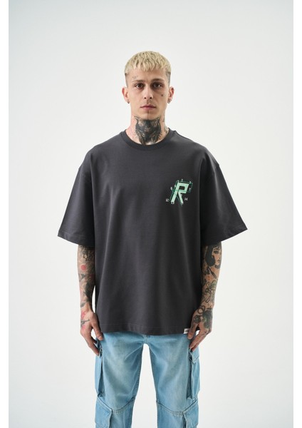 Erkek Numbers Of R Nakışlı Oversize T-Shirt Füme