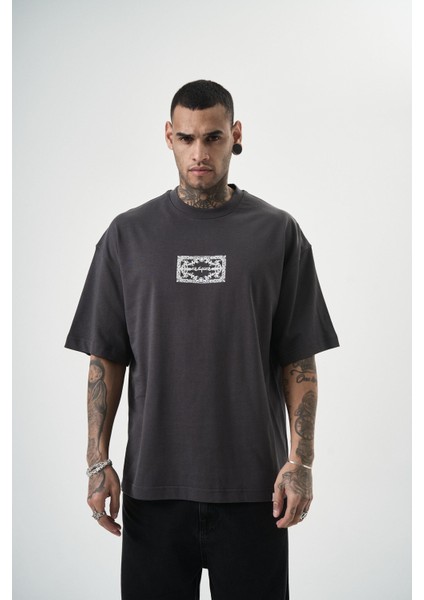 Erkek Ornaments Baskılı Oversize T-Shirt Füme