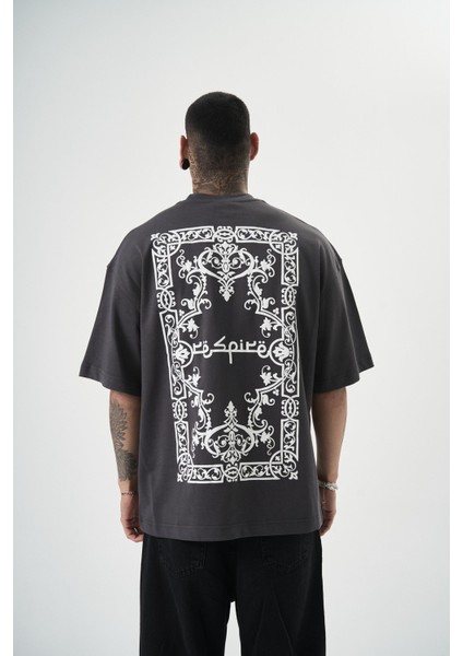 Erkek Ornaments Baskılı Oversize T-Shirt Füme modelleri
