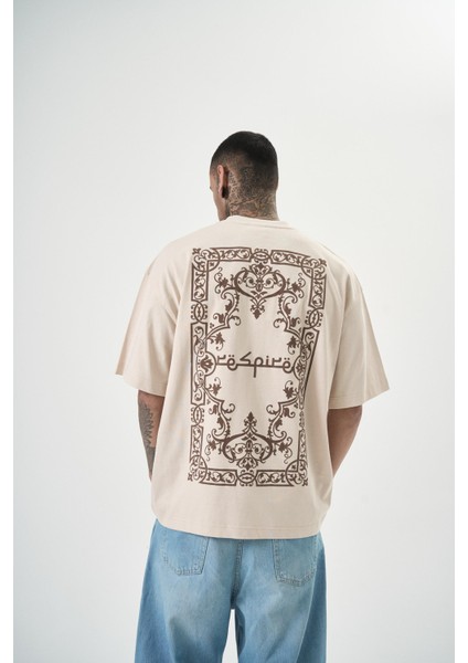Erkek Ornaments Baskılı Oversize T-Shirt Bej modelleri