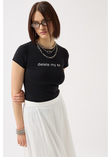 Baskılı Likralı Crop Siyah T-Shirt modelleri