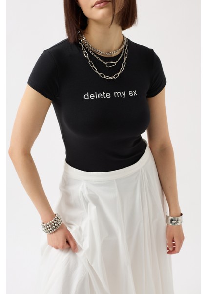 Baskılı Likralı Crop Siyah T-Shirt fırsatları