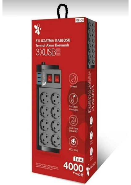 2 Metre Uzatma Kablosu Çoklu Priz Termal Akım Korumalı 8'li Priz 3 USB Li
