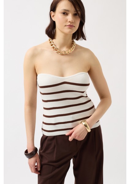 Çizgili Straplez Dokulu Beyaz Kahverengi Bluz