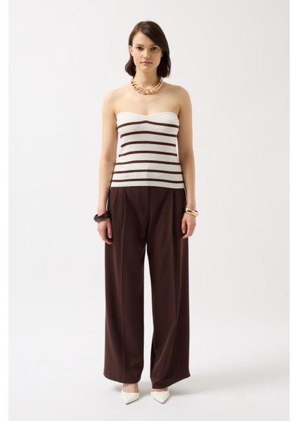 Çizgili Straplez Dokulu Beyaz Kahverengi Bluz fiyatları