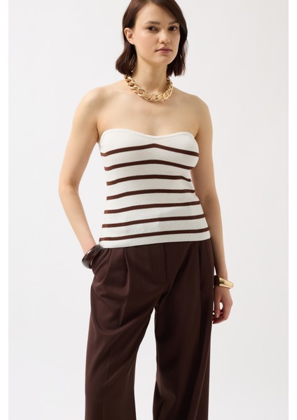 Çizgili Straplez Dokulu Beyaz Kahverengi Bluz modelleri