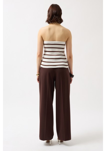 Çizgili Straplez Dokulu Beyaz Kahverengi Bluz indirimleri