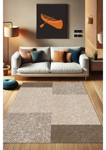Goemetrik Dikdörtgen Desenli Halı Balıksırtı Kırçıllı Halı Kahverengi Halı Salon Halısı Oturma Odası Halısı