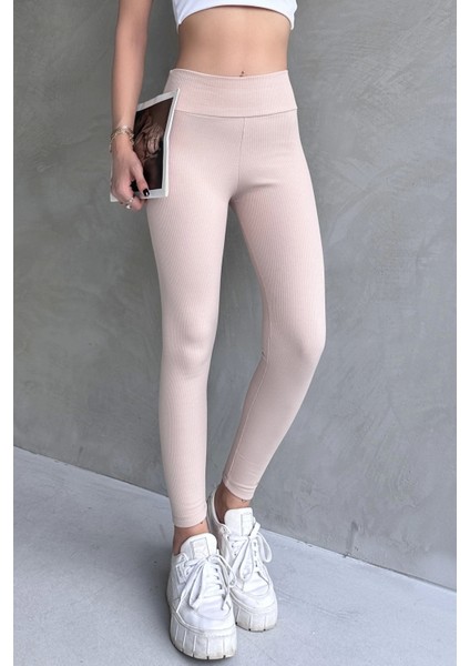 Kadın Bej Yüksek Bel Toparlayıcı Tayt Yüksek Kalite Spor ve Günlük