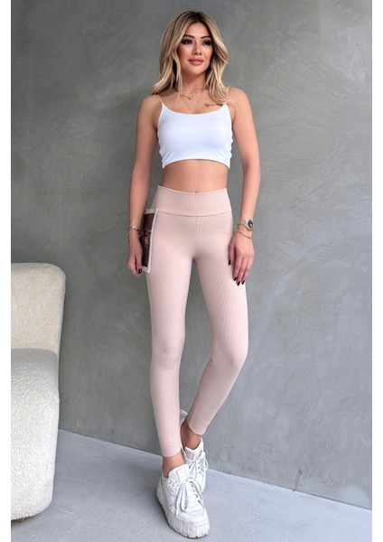Kadın Bej Yüksek Bel Toparlayıcı Tayt Yüksek Kalite Spor ve Günlük fırsatları