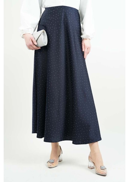 Bayan Çan Etek Ful Taş Detaylı Saten Etek Lacivert